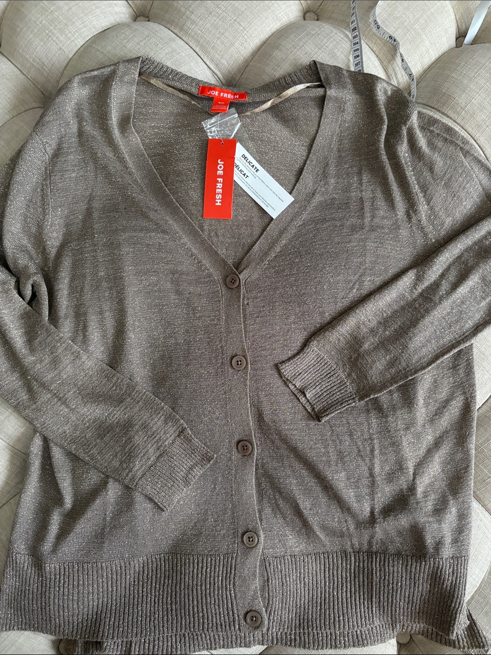 Joe Fresh Women's Taupe Shimmer V-Neck Button Cardigan